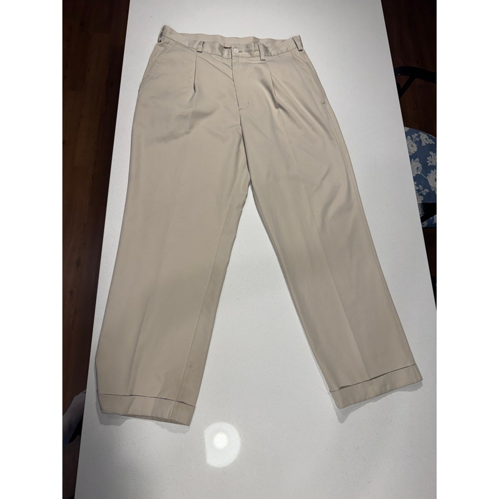Nike Golf Pants Mens 35x30 Tan Khaki Pleated Cuffed Swoosh Performance Trousers